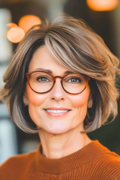 Peinado Bob a capas con flequillo ladeado para mujeres de más de 50 años con gafas.
