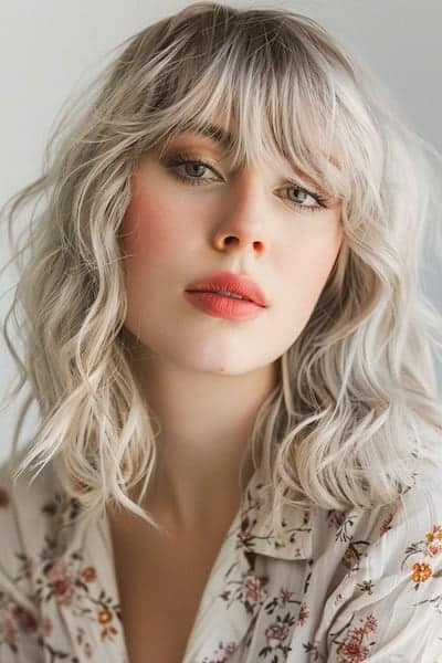 Peinado de media melena con ondas platino y flequillo.