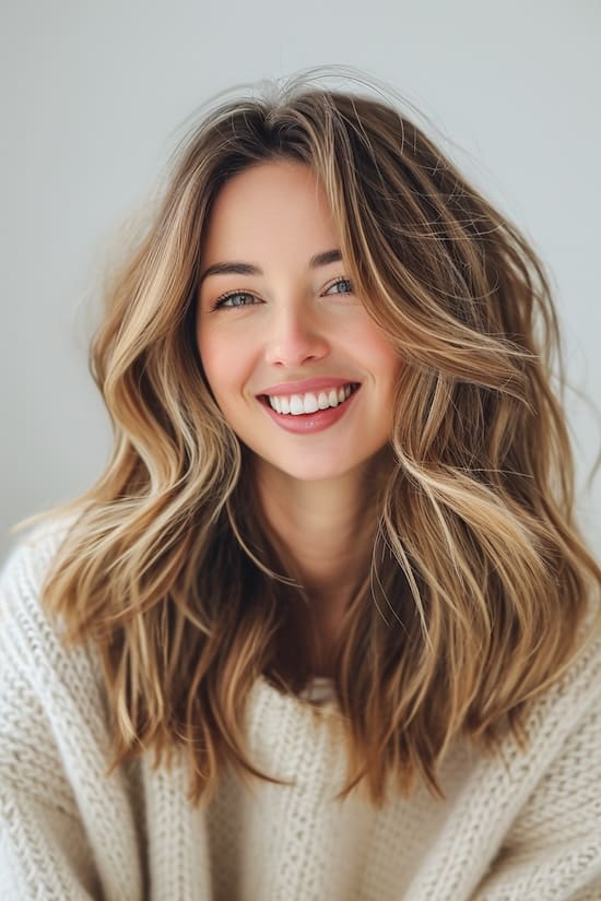 Cabello castaño natural con reflejos rubios medios.