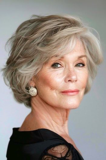 Peinado bob a capas con ondas suaves para mujeres de más de 70 años.