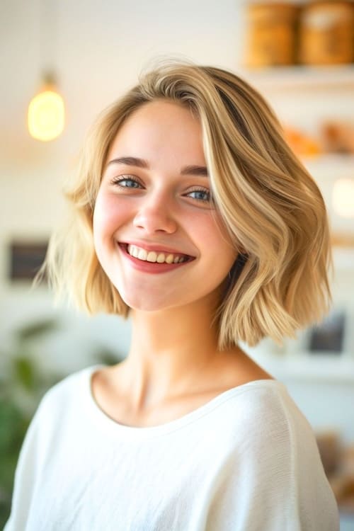 Ondas cortas rubio arena en una joven sonriente.