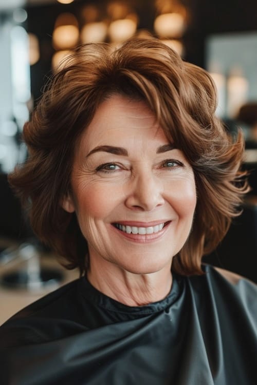 Voluminosas ondas castañas en mujer de más de 60 años en peluquería.