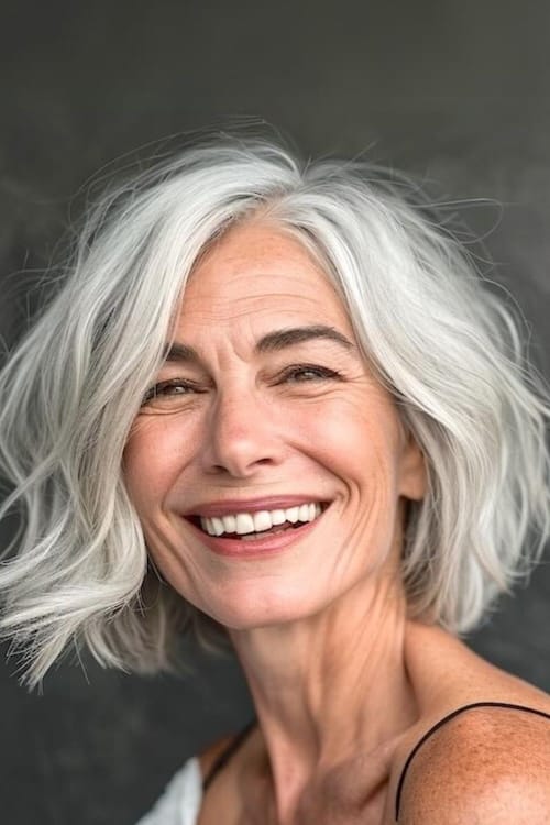 Bob corto a capas en una mujer con el pelo gris.