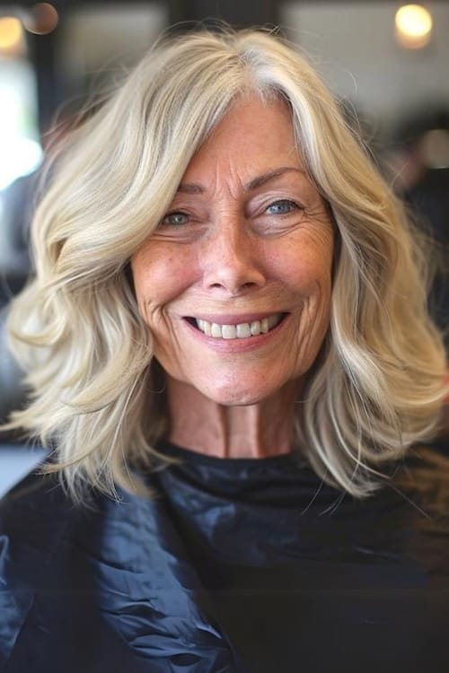 Hombro-largo rubio ondas corte de pelo en la mujer en la peluquería.