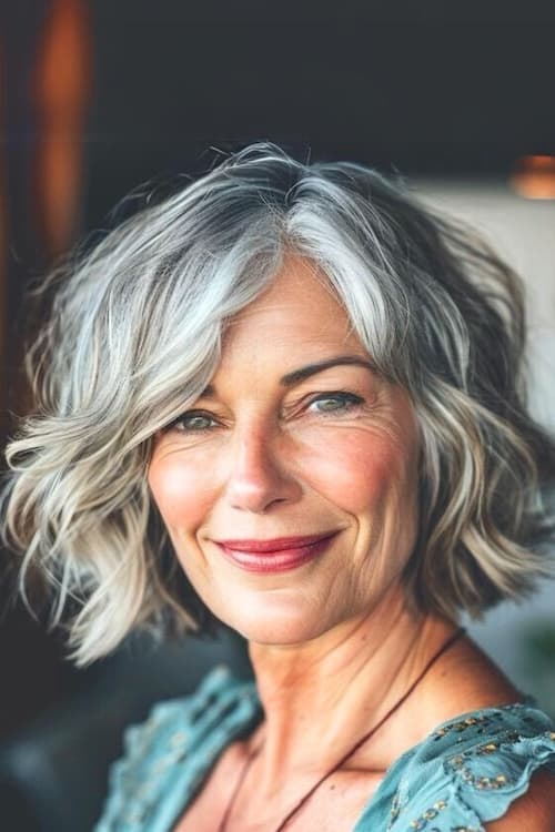 Corte de pelo bob ondulado plateado en una mujer mayor con estilo.