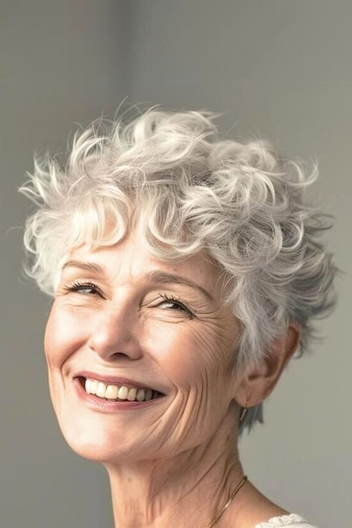 Rizos cortos grises nevados en mujer sonriente de más de 60 años.